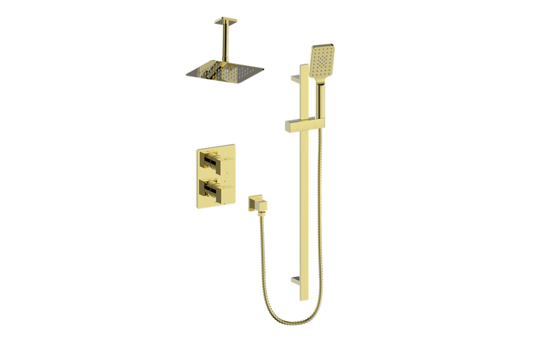 Vogt Kapfenberg 2-Function Thermostatic Shower System with 8" Rain Head & Hand Shower – Ceiling-Mount – Brushed Gold – SET.KG.220.216.BG
