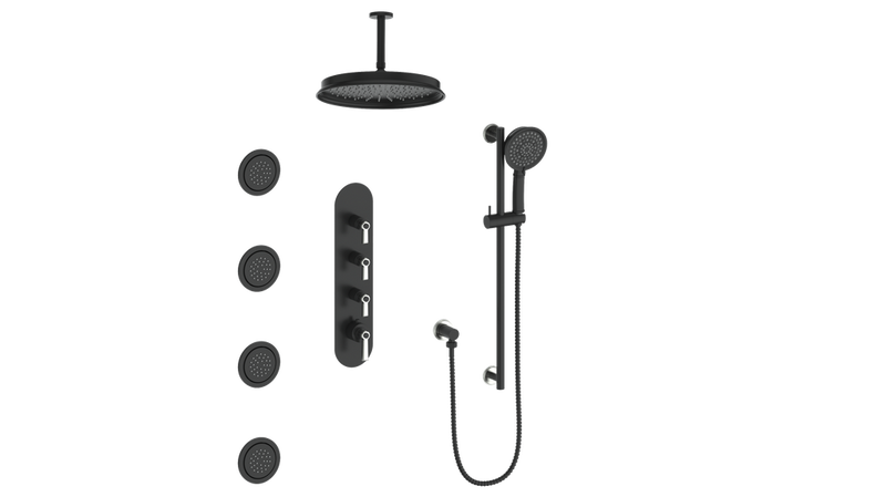 Vogt Zehn 3/4" High-Flow Thermostatic Shower System with 12" Rain Head, Hand Shower & Body Jets – Ceiling-Mount – Matte Black / Stainless Steel – SET.Z1.350.936.SB