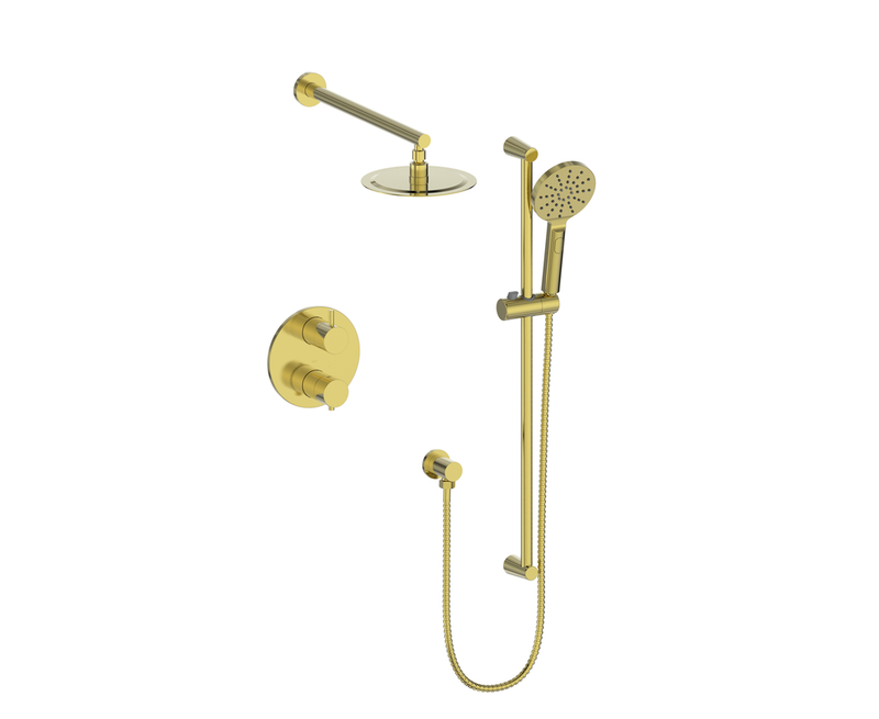 Vogt Worgl 2-Function Thermostatic Shower System with 8" Rain Head & Hand Shower – Wall-Mount – Brushed Gold – SET.WL.220.210.BG