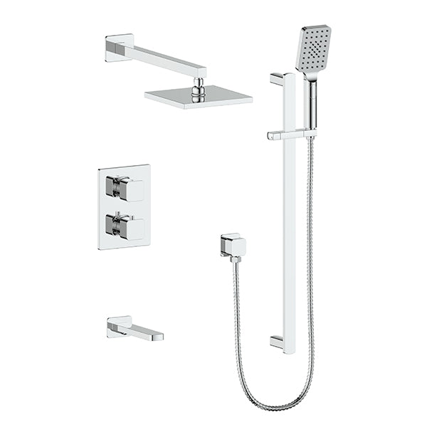 Vogt Niveau 3-Function Thermostatic Tub & Shower System with 8" Rain Head, Hand Shower & Tub Spout – Wall-Mount – Chrome – SET.NU.320.310.CC