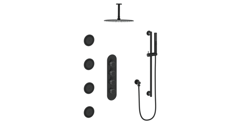 Vogt Drava 3-Function Thermostatic Shower System with 12" Rain Head, Hand Shower & Body Jets – Ceiling-Mount – 3/4" Valve – Matte Black / Chrome – SET.DA.350.936.CB