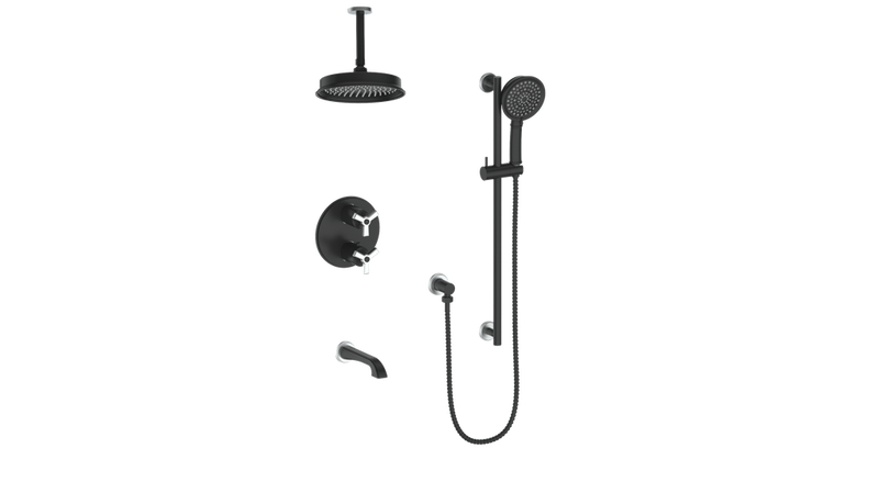 Vogt Zehn 3-Function Thermostatic Tub & Shower System with 8" Rain Head, Hand Shower & Tub Spout – Ceiling-Mount – Matte Black / Stainless Steel – SET.Z3.320.316.SB