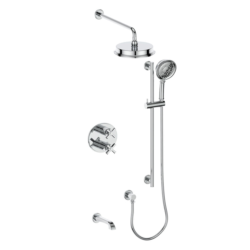 Vogt Zehn 3-Function Thermostatic Tub & Shower System with 8" Rain Head, Hand Shower & Tub Spout – Wall-Mount – Chrome – SET.Z4.320.310.CC