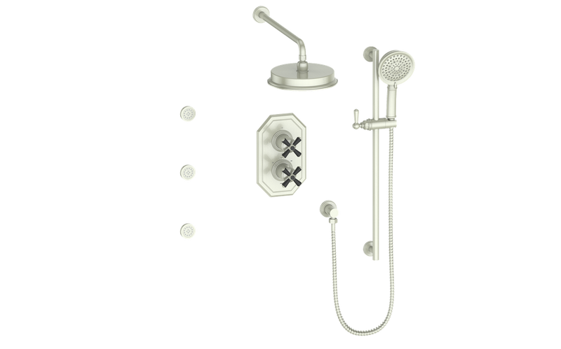 Vogt Carinthia 3-Function Thermostatic Shower System with 8" Rain Head, Hand Shower & Body Jets – Wall-Mount – Cross Handle – Brushed Nickel / Matte Black – SET.C3.320.810.BB