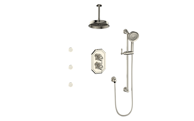 Vogt Carinthia 3-Function Thermostatic Shower System with 8" Rain Head, Hand Shower & Body Jets – Ceiling-Mount – Lever Handle – Polished Nickel – SET.C1.320.816.PN