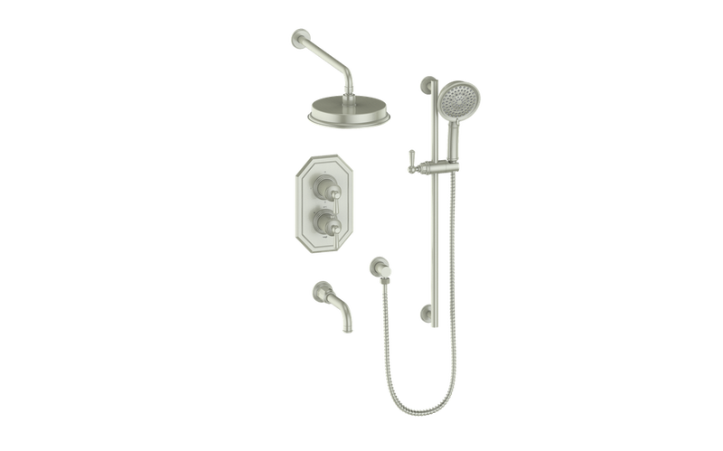 Vogt Carinthia 3-Function Thermostatic Tub & Shower System with 8" Rain Head, Hand Shower & Tub Spout – Wall-Mount – Brushed Nickel – SET.C11.320.310.BN