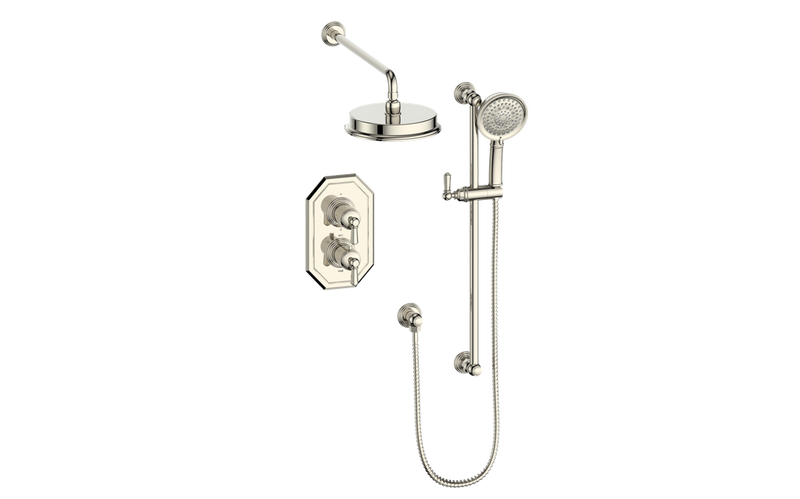 Vogt Carinthia 2-Function Thermostatic Shower System with 8" Rain Head & Hand Shower – Wall-Mount – Octagonal Handle – Polished Nickel – SET.C2.220.210.PN