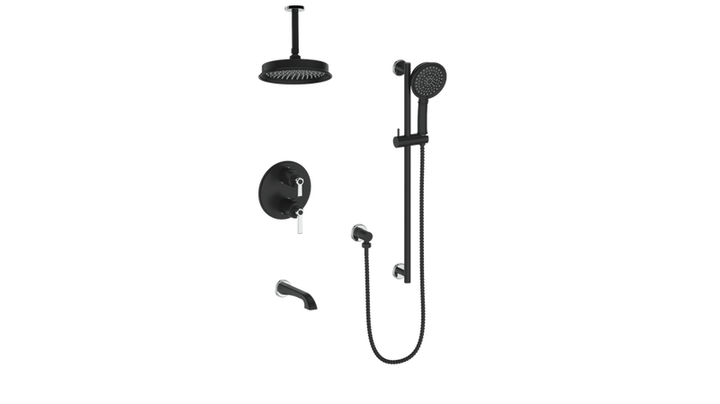 Vogt Zehn 3-Function Thermostatic Tub & Shower System with 8" Rain Head, Hand Shower & Tub Spout – Ceiling-Mount – Matte Black / Chrome – SET.Z1.320.316.CB