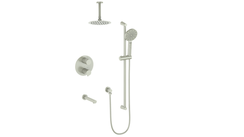 Vogt Worgl 3-Function Thermostatic Tub & Shower System with 8" Rain Head, Hand Shower & Tub Spout – Ceiling-Mount – Brushed Nickel – SET.WL.320.316.BN