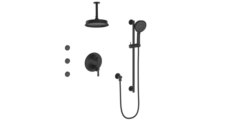 Vogt Zehn 3-Function Thermostatic Shower System with 8" Rain Head, Hand Shower & Body Jets – Ceiling-Mount – Matte Black – SET.Z1.320.816.MB