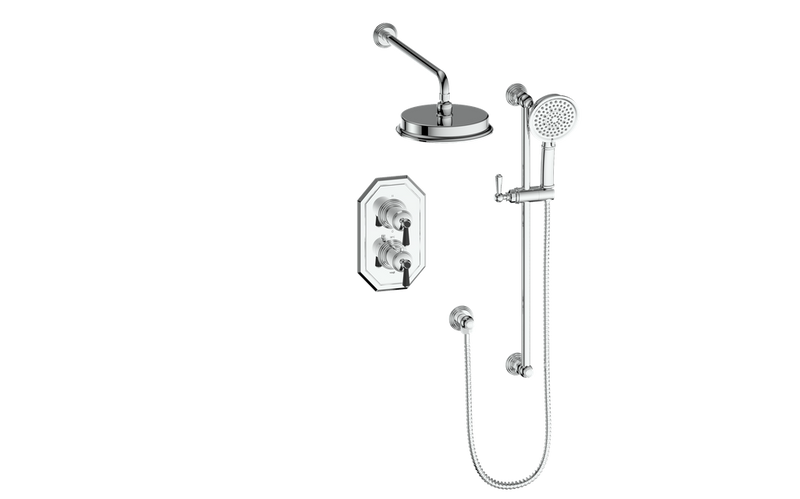 Vogt Carinthia 2-Function Thermostatic Shower System with 8" Rain Head & Hand Shower – Wall-Mount – Lever Handle – Chrome / Matte Black – SET.C1.220.210.CB