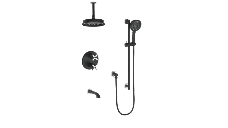 Vogt Zehn 3-Function Thermostatic Tub & Shower System with 8" Rain Head, Hand Shower & Tub Spout – Ceiling-Mount – Matte Black / Stainless Steel – SET.Z4.320.316.SB