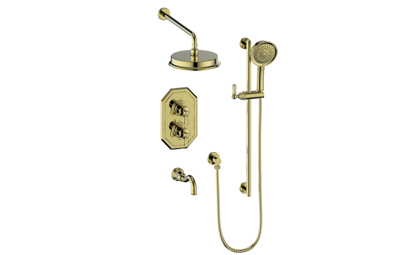 Vogt Carinthia 3-Function Thermostatic Tub & Shower System with 8" Rain Head, Hand Shower & Tub Spout – Wall-Mount – Brushed Gold – SET.C22.320.310.BG
