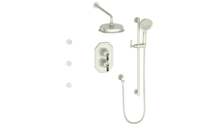 Vogt Carinthia 3-Function Thermostatic Shower System with 8" Rain Head, Hand Shower & Body Jets – Wall-Mount – Octagonal Handle – Brushed Nickel / Matte Black – SET.C2.320.810.BB