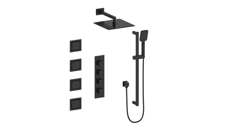 Vogt Niveau 3/4" High-Flow Thermostatic Shower System with 12" Rain Head, Hand Shower & Body Jets – Wall-Mount – Matte Black – SET.NU.350.930.MB