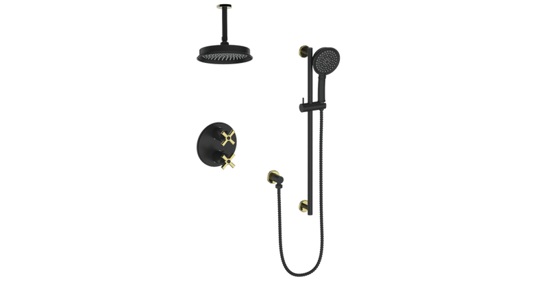 Vogt Zehn 2-Function Thermostatic Shower System with 8" Rain Head & Hand Shower – Ceiling-Mount – Matte Black / Brushed Gold – SET.Z4.220.216.BGB