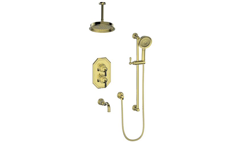 Vogt Carinthia 3-Function Thermostatic Tub & Shower System with 8" Rain Head, Hand Shower & Tub Spout – Ceiling-Mount – Brushed Gold / Matte Black – SET.C12.320.316.BGB