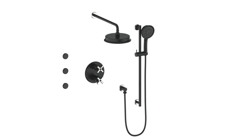 Vogt Zehn 3-Function Thermostatic Shower System with 8" Rain Head, Hand Shower & Body Jets – Wall-Mount – Matte Black / Stainless Steel – SET.Z4.320.810.SB