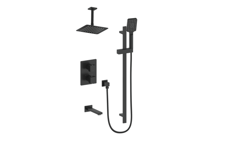 Vogt Kapfenberg 3-Function Thermostatic Tub & Shower System with 8" Rain Head, Hand Shower & Tub Spout – Ceiling-Mount – Matte Black – SET.KG.320.316.MB