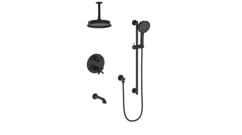 Vogt Zehn 3-Function Thermostatic Tub & Shower System with 8" Rain Head, Hand Shower & Tub Spout – Ceiling-Mount – Matte Black – SET.Z4.320.316.MB