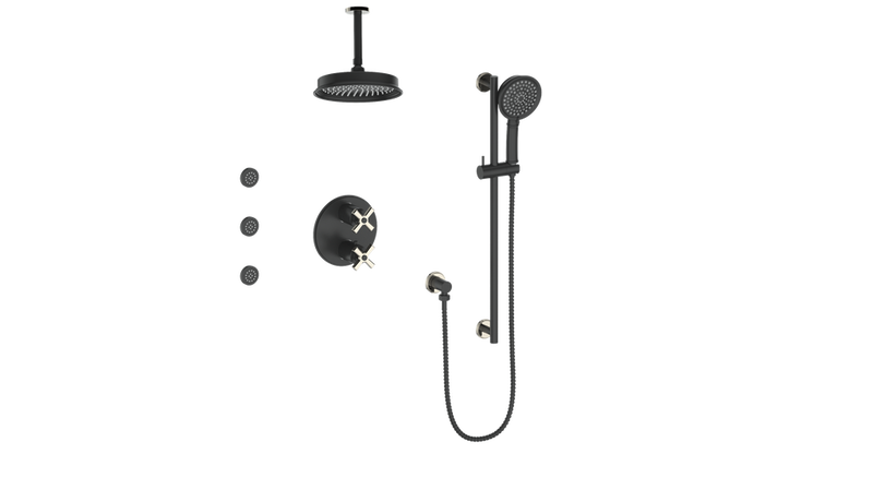 Vogt Zehn 3-Function Thermostatic Shower System with 8" Rain Head, Hand Shower & Body Jets – Ceiling-Mount – Matte Black / Polished Nickel – SET.Z4.320.816.PB