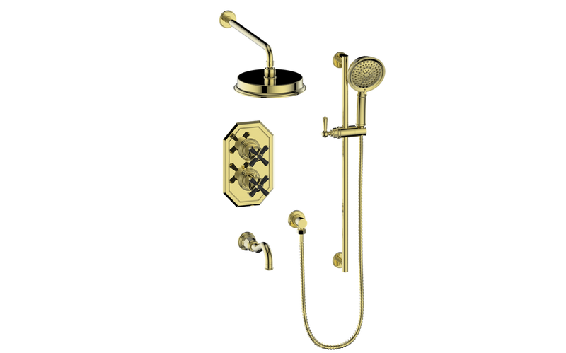Vogt Carinthia 3-Function Thermostatic Tub & Shower System with 8" Rain Head, Hand Shower & Tub Spout – Wall-Mount – Brushed Gold / Matte Black – SET.C32.320.310.BGB