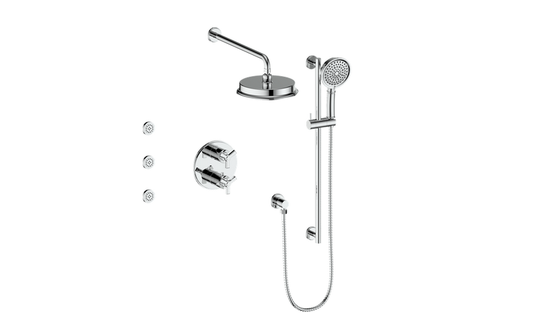 Vogt Zehn 3-Function Thermostatic Shower System with 8" Rain Head, Hand Shower & Body Jets – Wall-Mount – Chrome – SET.Z3.320.810.CC