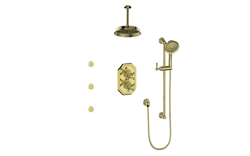 Vogt Carinthia 3-Function Thermostatic Shower System with 8" Rain Head, Hand Shower & Body Jets – Ceiling-Mount – Cross Handle – Brushed Gold – SET.C3.320.816.BG