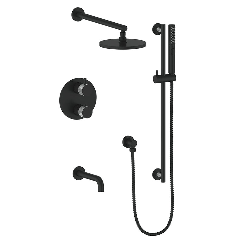 Vogt Drava 3-Function Thermostatic Tub & Shower System with 8" Rain Head, Hand Shower & Tub Spout – Wall-Mount – Matte Black / Chrome – SET.DA.320.310.CB