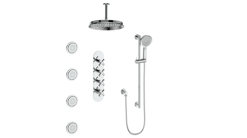 Vogt Zehn 3/4" High-Flow Thermostatic Shower System with 12" Rain Head, Hand Shower & Body Jets – Ceiling-Mount – Chrome – SET.Z4.350.936.CC