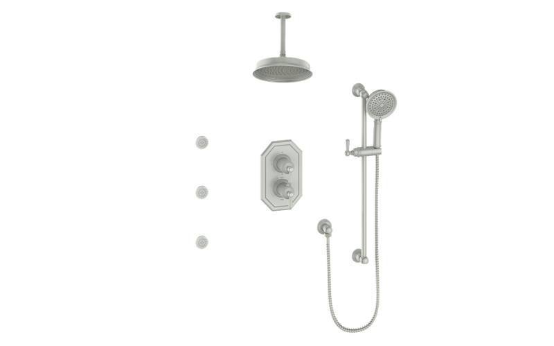 Vogt Carinthia 3-Function Thermostatic Shower System with 8" Rain Head, Hand Shower & Body Jets – Ceiling-Mount – Lever Handle – Brushed Nickel – SET.C1.320.816.BN