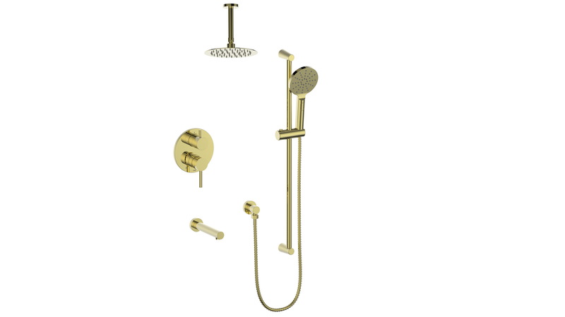 Vogt Worgl 3-Function Pressure-Balanced Tub & Shower System with 8" Rain Head, Hand Shower & Tub Spout – Ceiling-Mount – Brushed Gold – SET.WL.310.316.BG