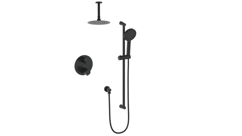 Vogt Worgl 2-Function Thermostatic Shower System with 8" Rain Head & Hand Shower – Ceiling-Mount – Matte Black – SET.WL.220.216.MB