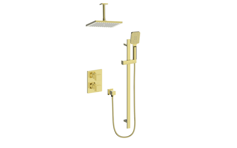 Vogt Kapfenberg 2-Function Thermostatic Shower System with 10" Rain Head & Hand Shower – Ceiling-Mount – Brushed Gold – SET.AP.220.226.BG