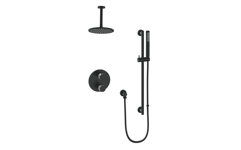 Vogt Drava 2-Function Thermostatic Shower System with 8" Rain Head & Hand Shower – Ceiling-Mount – Matte Black / Chrome – SET.DA.220.216.CB