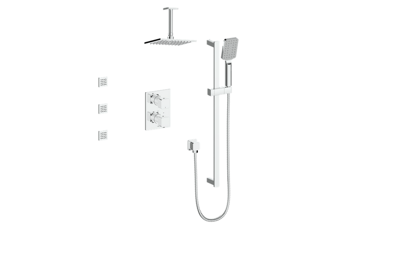 Vogt Niveau 3-Function Thermostatic Shower System with 8" Rain Head, Hand Shower & Body Jets – Ceiling-Mount – Chrome – SET.NU.320.816.CC