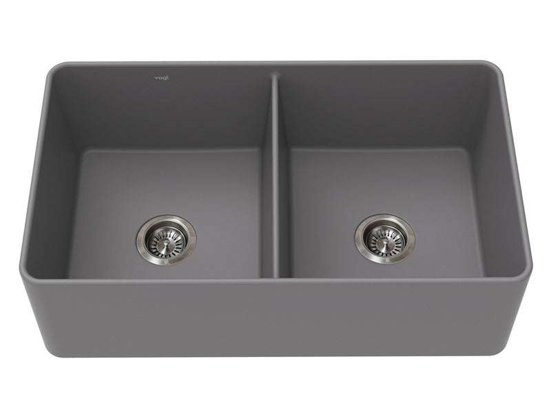 Vogt Kaltenbach GS Apron Front 33" Double-Bowl Vogranite Kitchen Sink – Metropolitan Grey – KS.3319.K02G-61