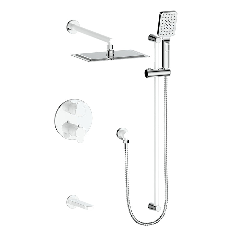 Vogt Lusten 3-Function Thermostatic Tub & Shower System with 8"x12" Rain Head, Hand Shower & Tub Spout – Wall-Mount – Chrome / Glossy White – SET.LN.320.310.CW
