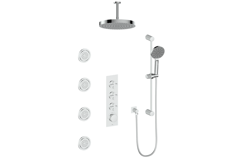 Vogt Mond 3/4" High-Flow Thermostatic Shower System with Body Jets and 6" Ceiling Arm Thermostatic Shower System with 12" Rain Head, Hand Shower & Body Jets – Ceiling-Mount – 3/4" Valve – Chrome – SET.M3.350.936.CC
