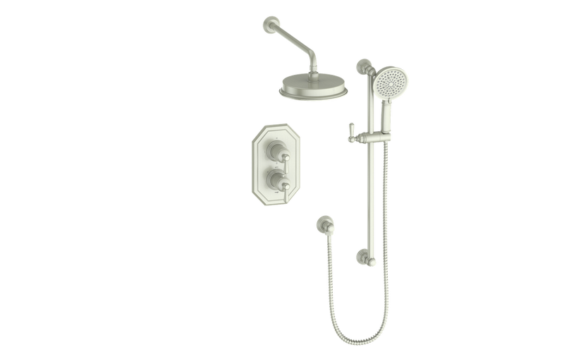 Vogt Carinthia 2-Function Thermostatic Shower System with 8" Rain Head & Hand Shower – Wall-Mount – Lever Handle – Brushed Nickel – SET.C1.220.210.BN