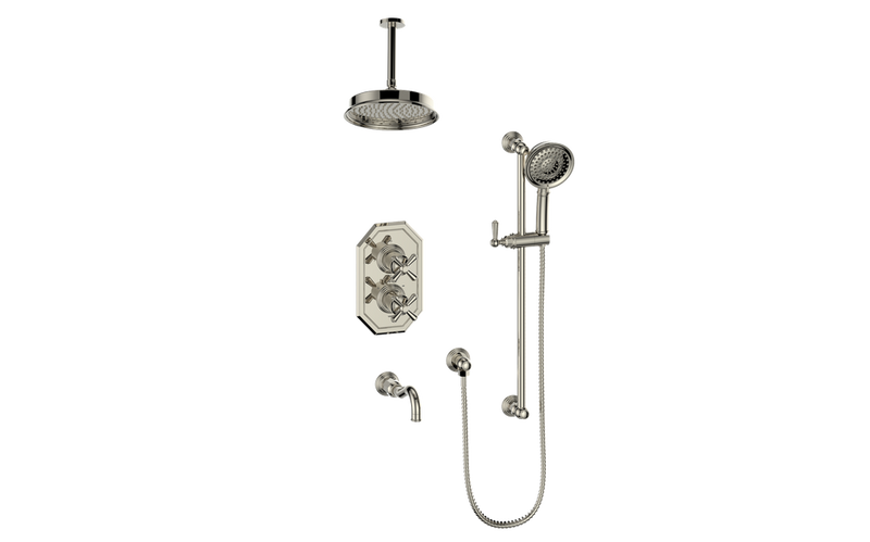 Vogt Carinthia 3-Function Thermostatic Tub & Shower System with 8" Rain Head, Hand Shower & Tub Spout – Ceiling-Mount – Polished Nickel – SET.C32.320.316.PN