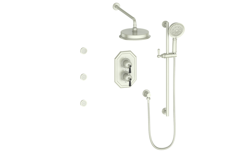 Vogt Carinthia 3-Function Thermostatic Shower System with 8" Rain Head, Hand Shower & Body Jets – Wall-Mount – Lever Handle – Brushed Nickel / Matte Black – SET.C1.320.810.BB