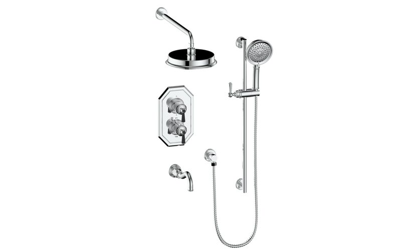 Vogt Carinthia 3-Function Thermostatic Tub & Shower System with 8" Rain Head, Hand Shower & Tub Spout – Wall-Mount – Chrome / Matte Black – SET.C12.320.310.CB
