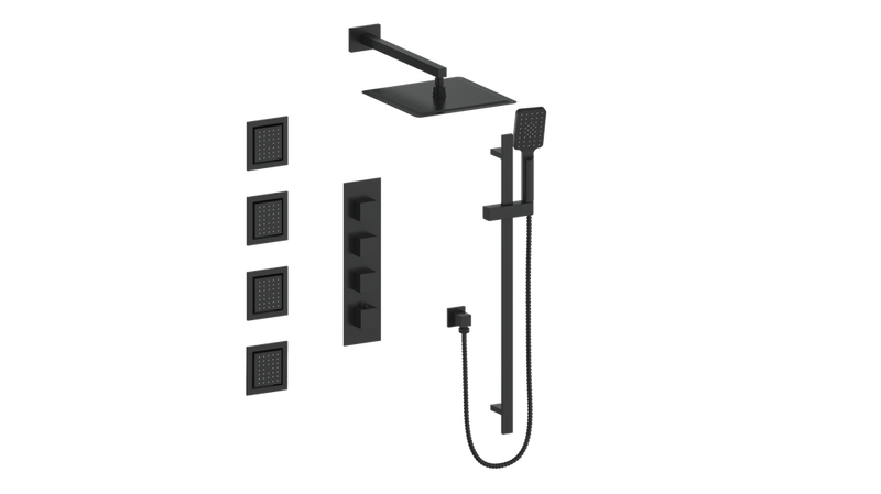 Vogt Kapfenberg 3/4" High-Flow Thermostatic Shower System with 12" Rain Head, Hand Shower & Body Jets – Wall-Mount – Matte Black – SET.KG.350.930.MB
