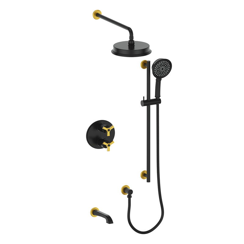 Vogt Zehn 3-Function Thermostatic Tub & Shower System with 8" Rain Head, Hand Shower & Tub Spout – Wall-Mount – Matte Black / Brushed Gold – SET.Z3.320.310.BGB