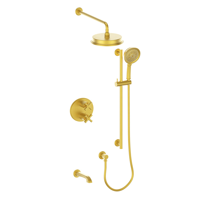 Vogt Zehn 3-Function Thermostatic Tub & Shower System with 8" Rain Head, Hand Shower & Tub Spout – Wall-Mount – Brushed Gold – SET.Z4.320.310.BG