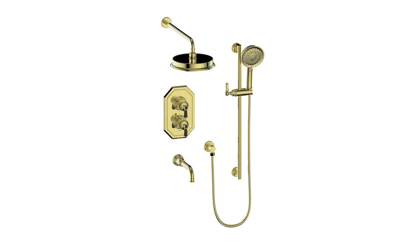 Vogt Carinthia 3-Function Thermostatic Tub & Shower System with 8" Rain Head, Hand Shower & Tub Spout – Wall-Mount – Brushed Gold / Matte Black – SET.C21.320.310.BGB