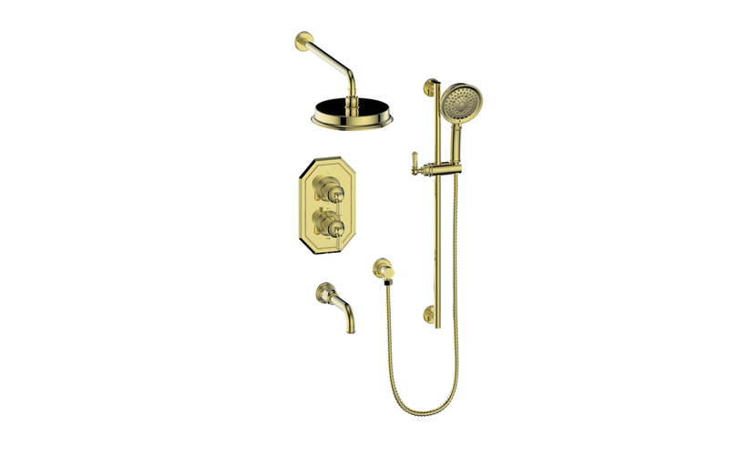 Vogt Carinthia 3-Function Thermostatic Tub & Shower System with 8" Rain Head, Hand Shower & Tub Spout – Wall-Mount – Brushed Gold – SET.C21.320.310.BG