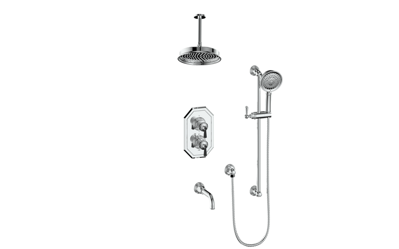 Vogt Carinthia 3-Function Thermostatic Tub & Shower System with 8" Rain Head, Hand Shower & Tub Spout – Ceiling-Mount – Chrome / Matte Black – SET.C11.320.316.CB