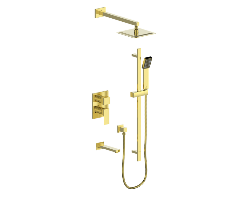 Vogt Kapfenberg 3-Function Pressure-Balanced Tub & Shower System with 8" Rain Head, Hand Shower & Tub Spout – Wall-Mount – Brushed Gold – SET.KG.310.310.BG